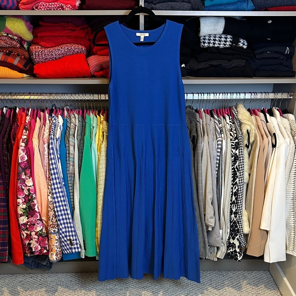 Edited blue sleeveless drop waist pleated midi dress size L NWT